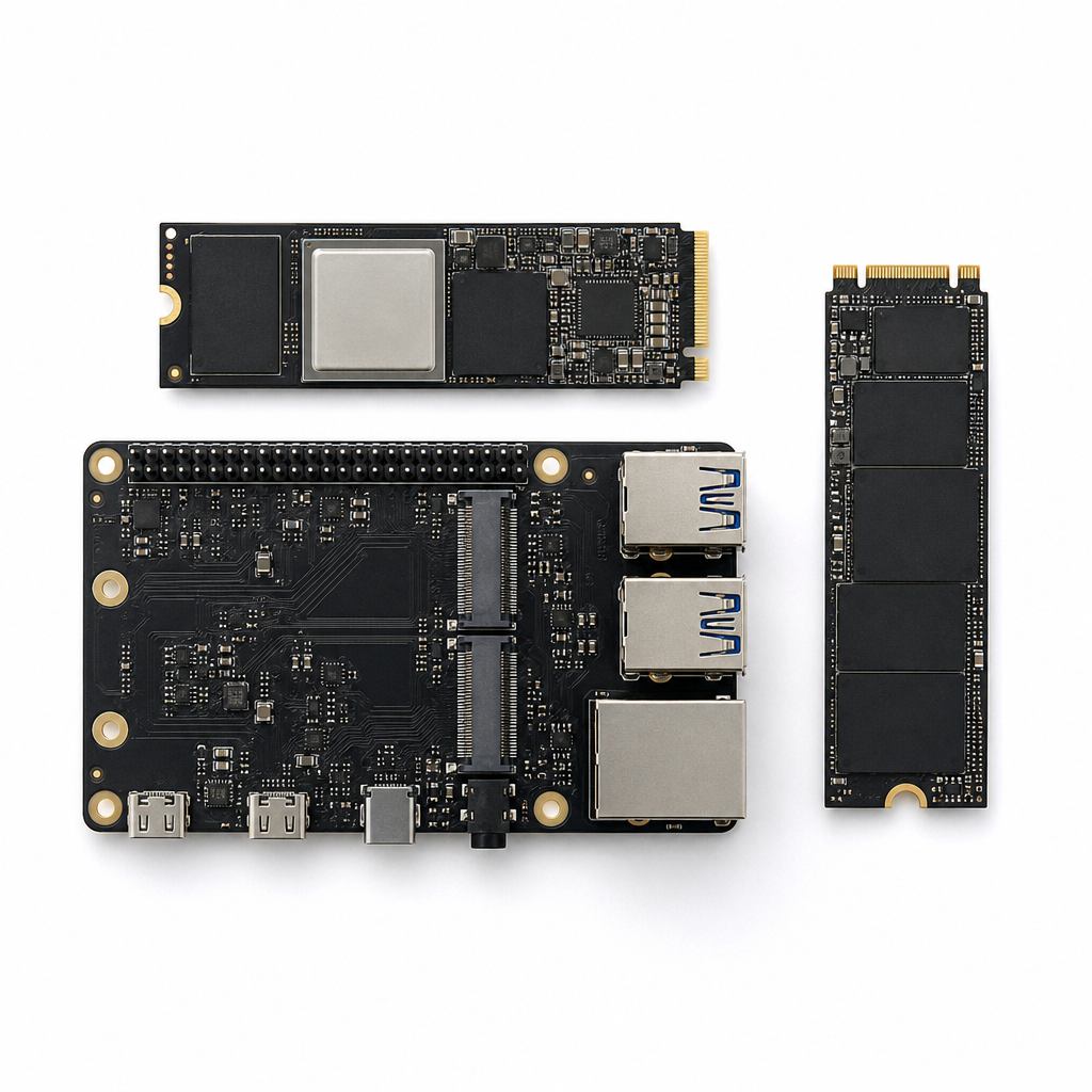 Accelerator kit flatlay — M.2 NPU module, dual-M.2 board, NVMe