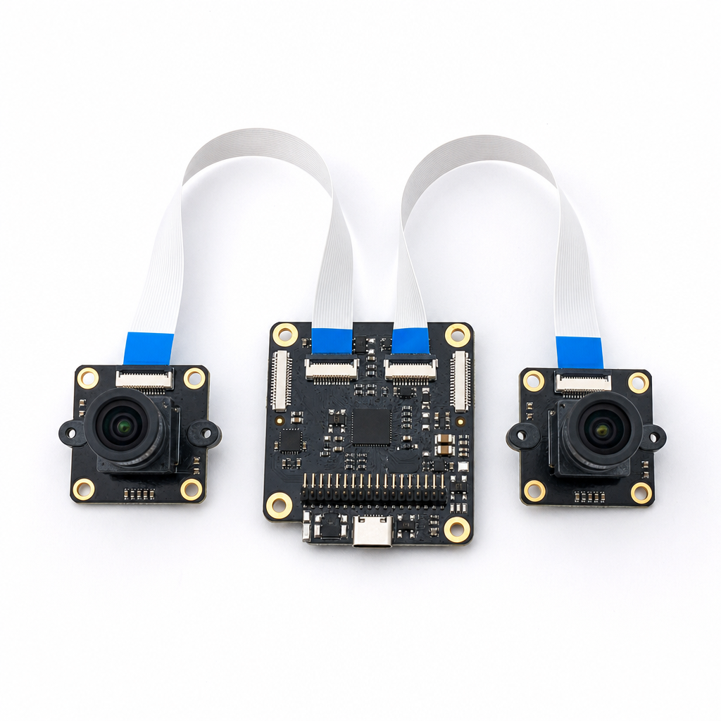 Camarray stereo kit flatlay — dual global-shutter cameras and sync board