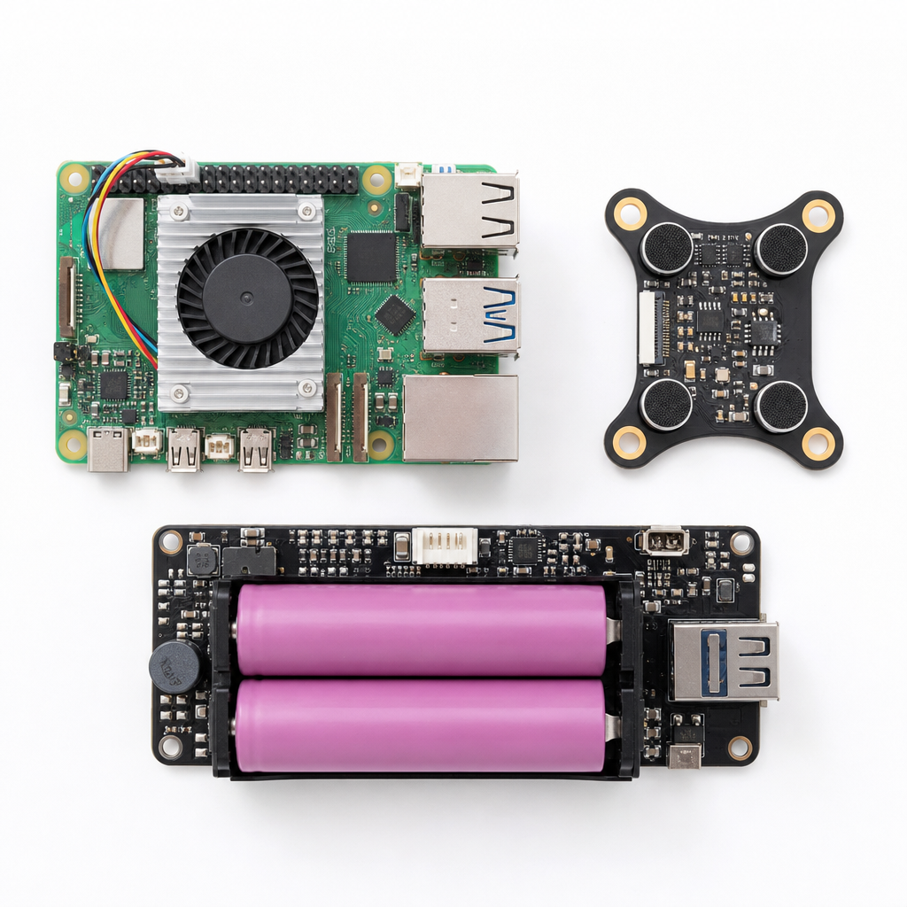 Core internals flatlay — Pi 5, cooler, UPS cells, mic array