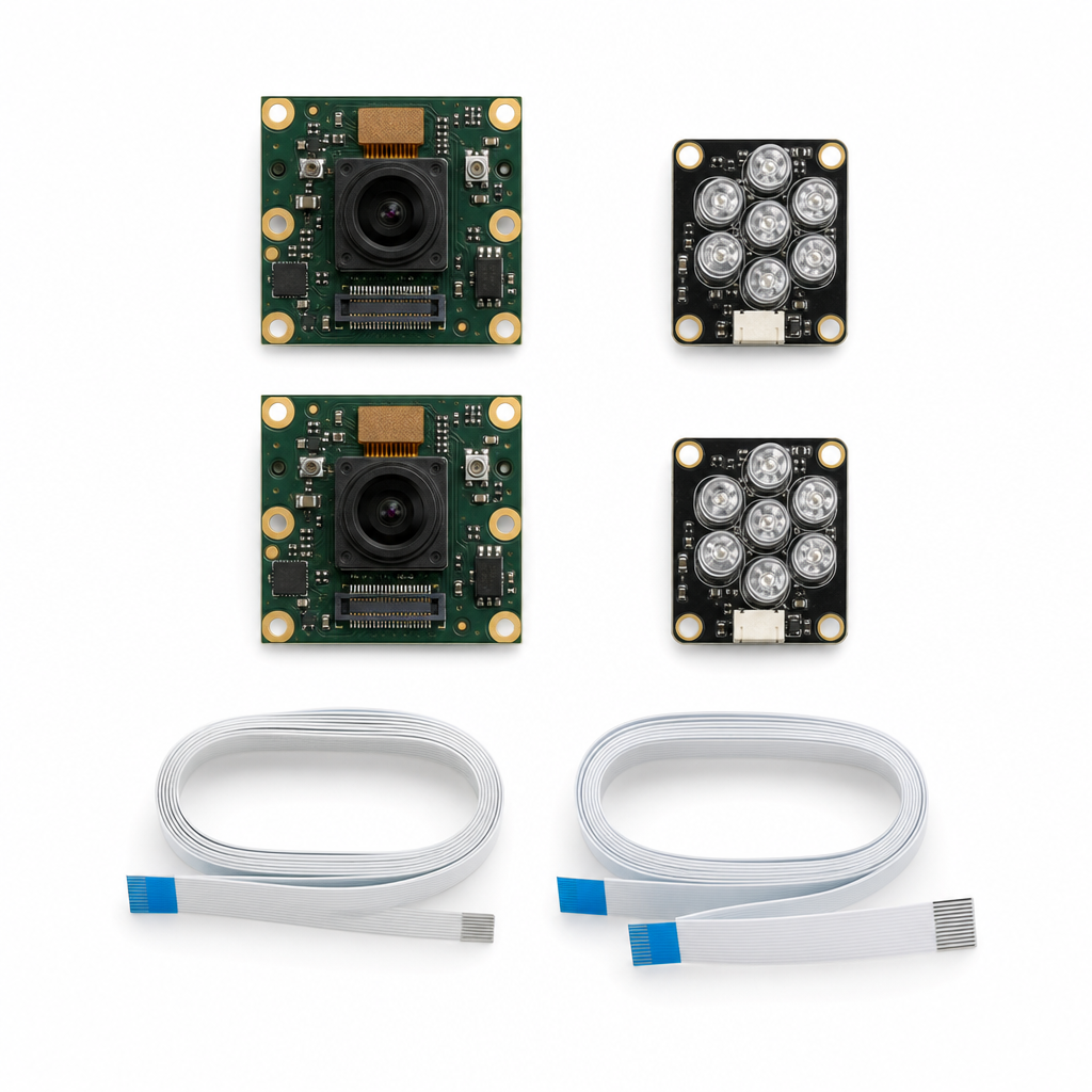 NoIR kit flatlay — dual NoIR camera modules, IR illuminators, CSI cables