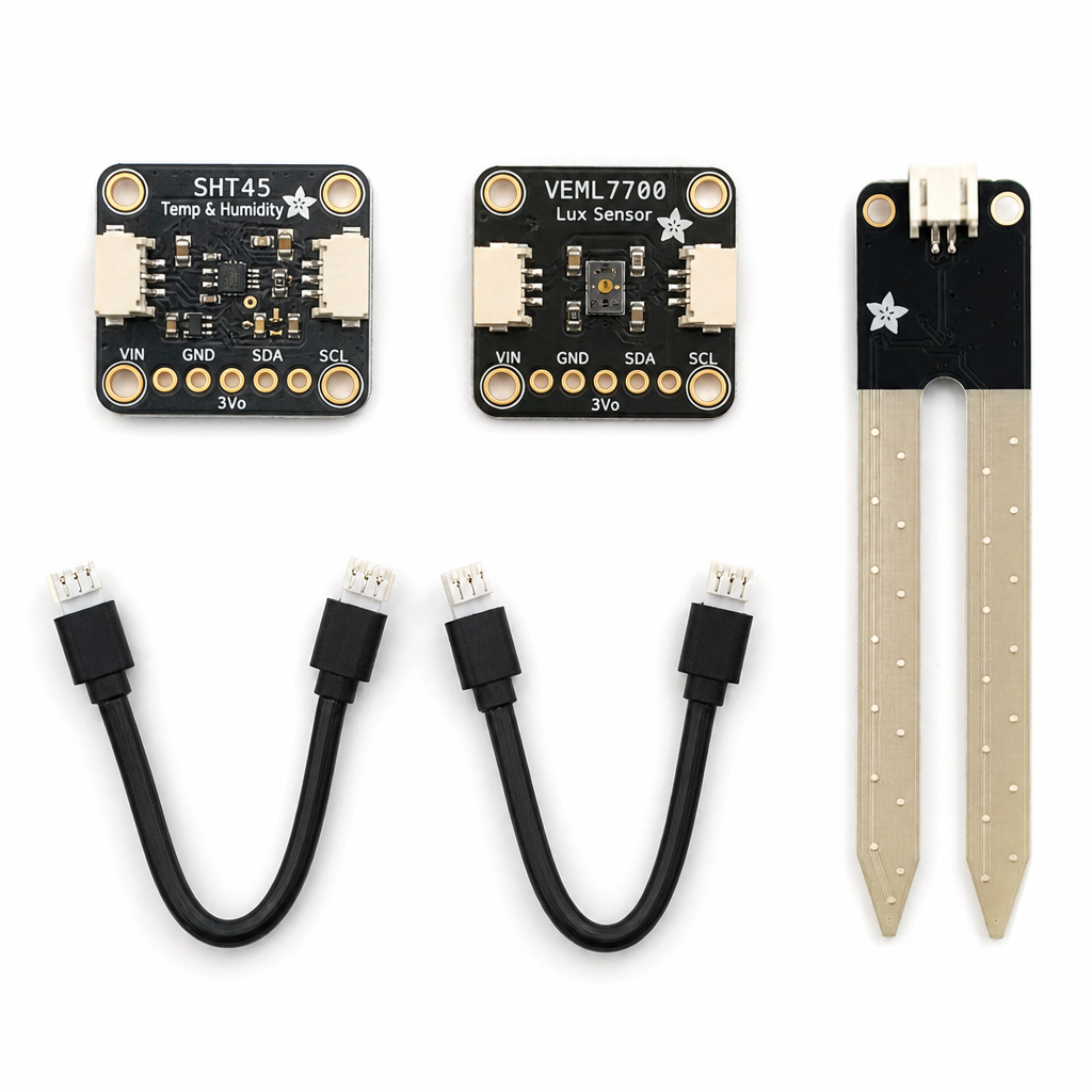 SENSE Core flatlay — SHT45, lux sensor, soil probe, STEMMA cables