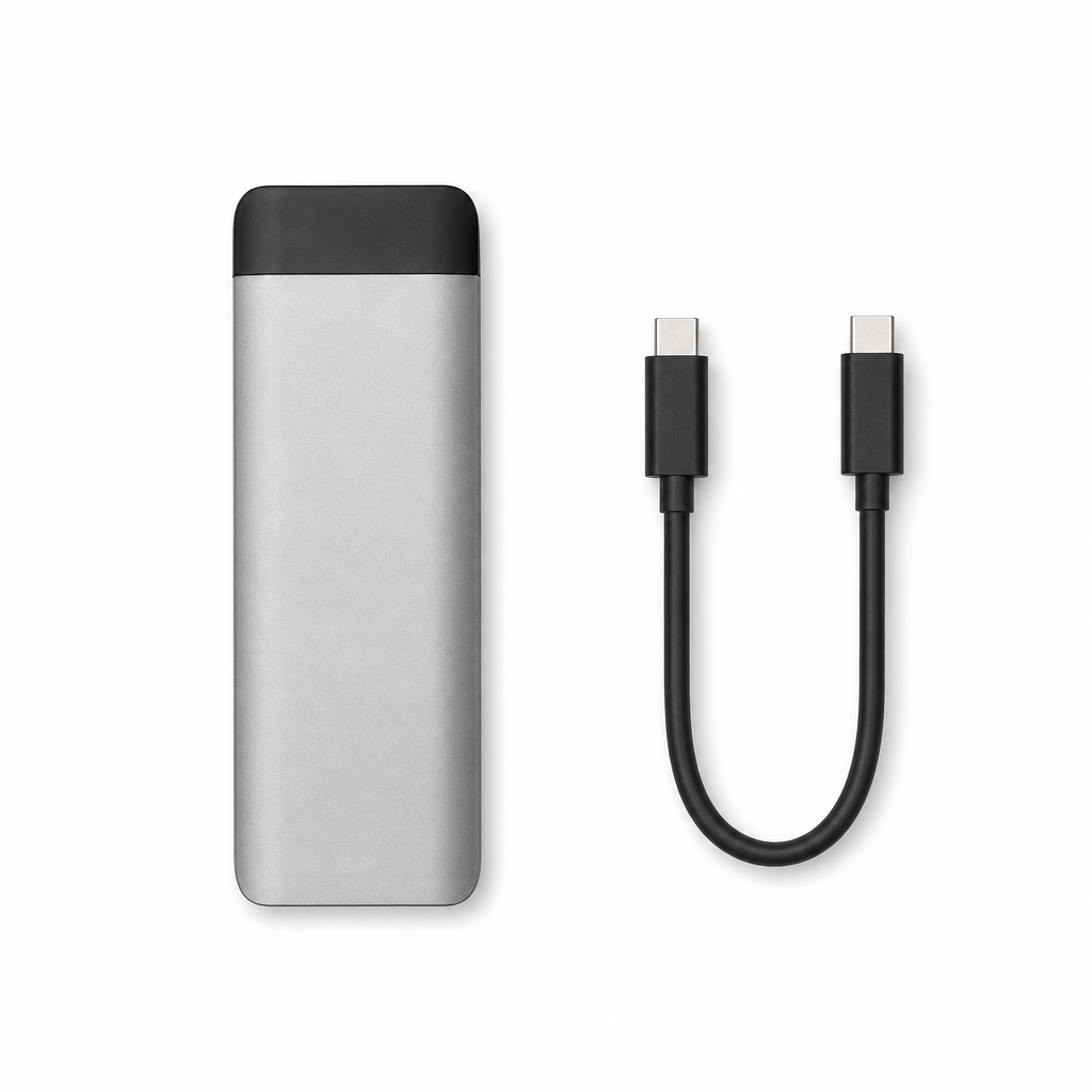 USB Archive flatlay — external SSD enclosure and cable