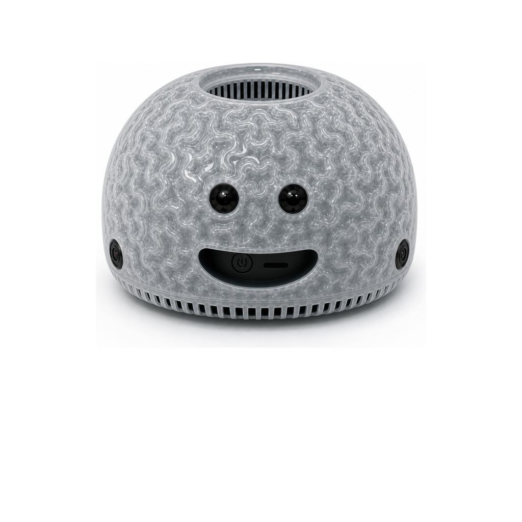 BRAIN-OMNI product shell in translucent gray with front eye cameras and flush lower side camera docks