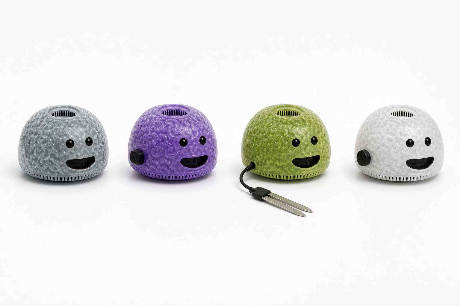BRAIN through OMNI lineup — gray through white shells, half-size side camera and GPS docks, soil probe