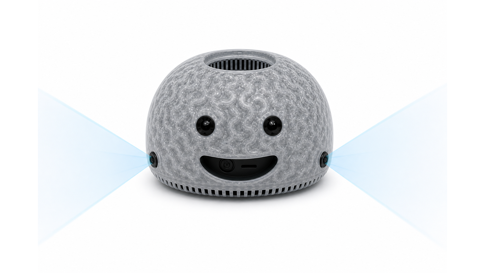 Product gray theBRAIN with normal front eye cameras plus matching Camera Module 3 pods in lower left and right side docks showing wide perimeter coverage