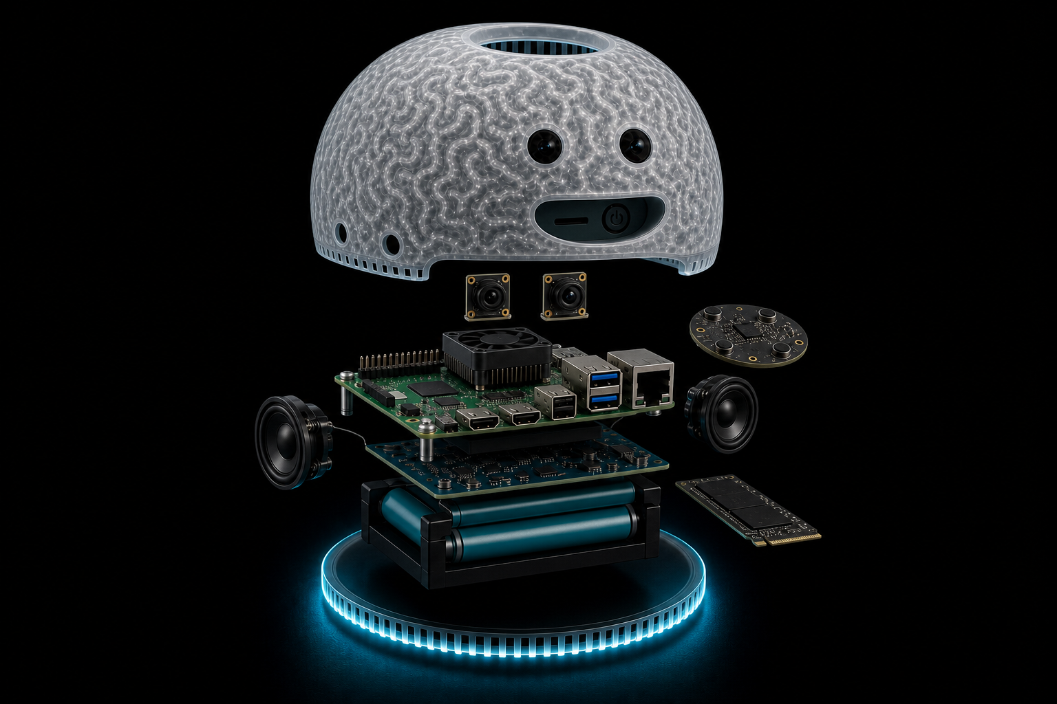 Exploded concept view of theBRAIN internals with dual cameras and round mic array