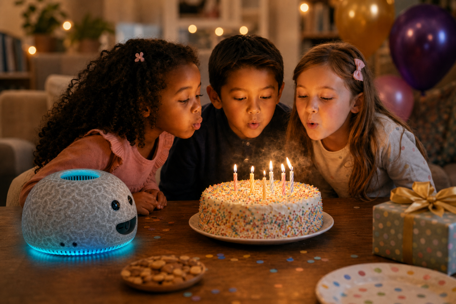 Kids blow out candles while theBRAIN sits sideways at the table looking at them