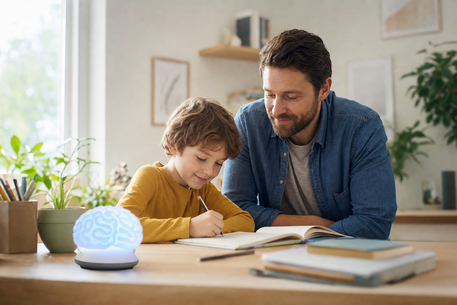 Parent and child with a desk theBRAIN β supervised, calm home scene