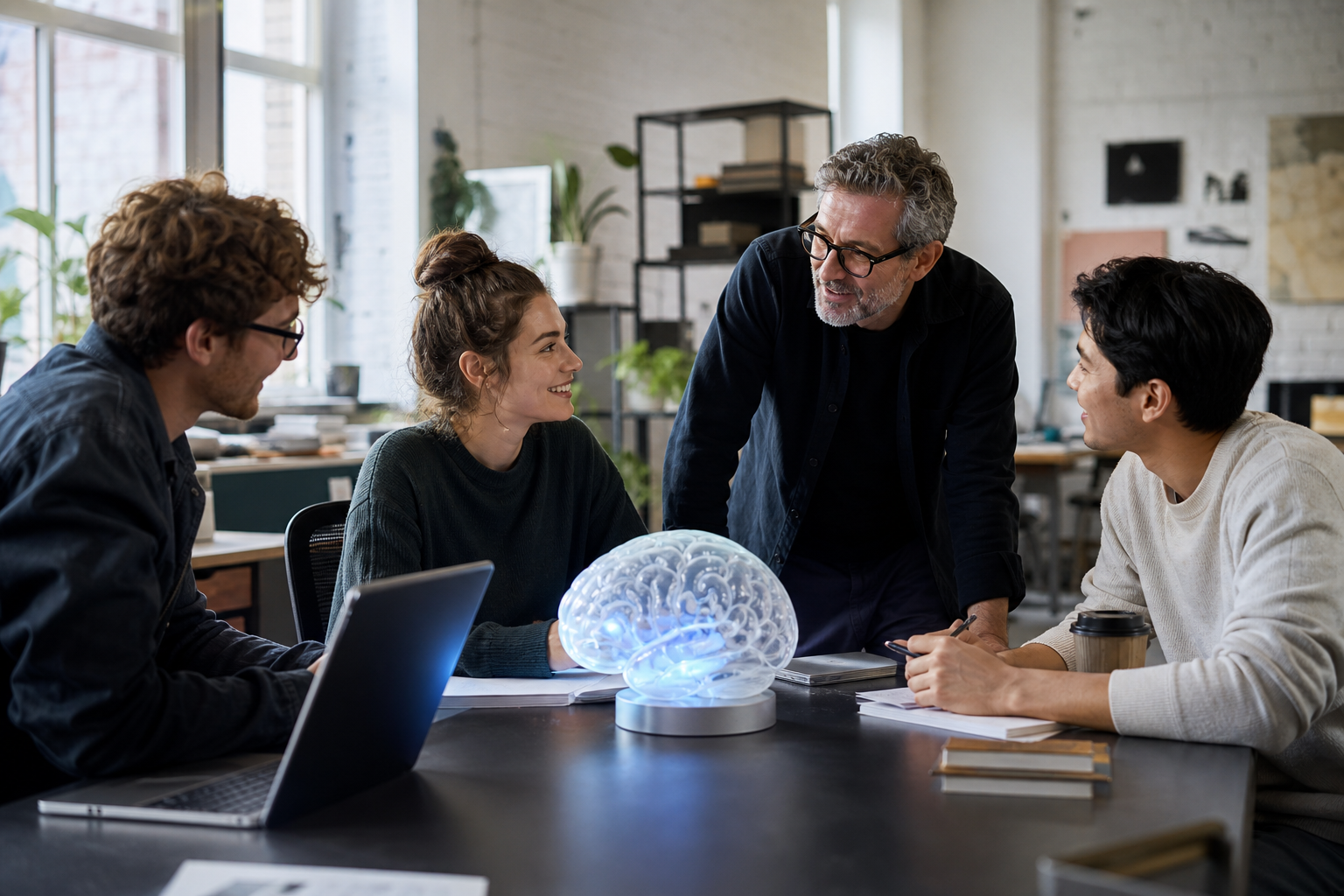 Team in a shared studio with a visible-listening theBRAIN on the table