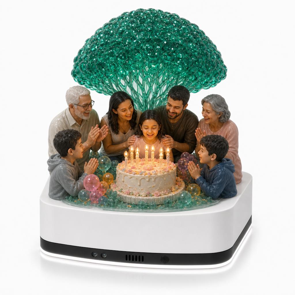 Birthday cake sculpture with translucent glowing candles and solid 3D-printed people