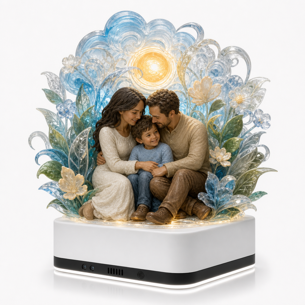 Family portrait sculpture with solid figures and translucent glowing sky and sun