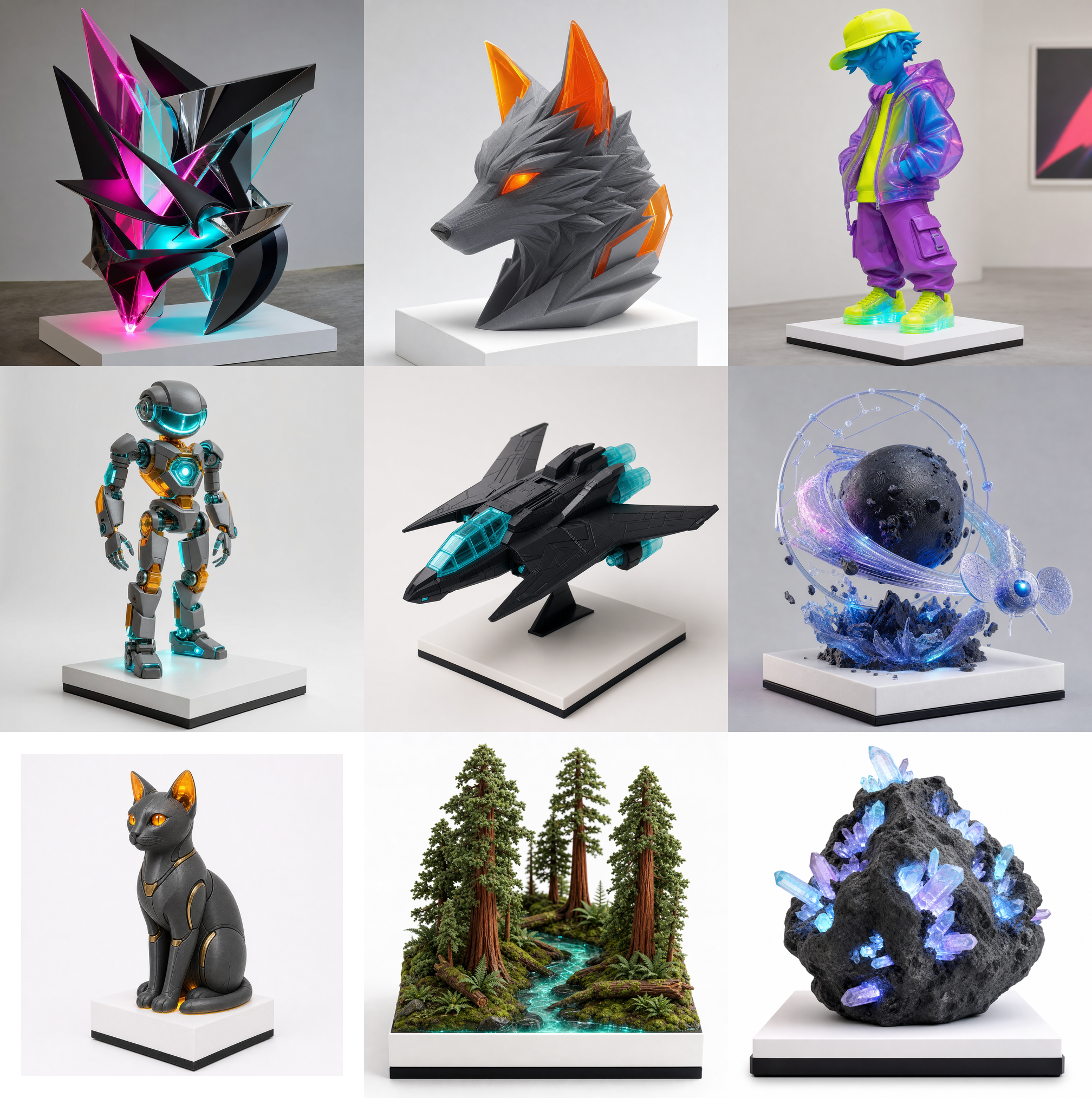 Solid meets translucent gallery โ nine sculptures: abstract, wolf, neon kid, robot, spaceship, outer-space, sitting cat, redwood forest with glowing river, and crystal farm