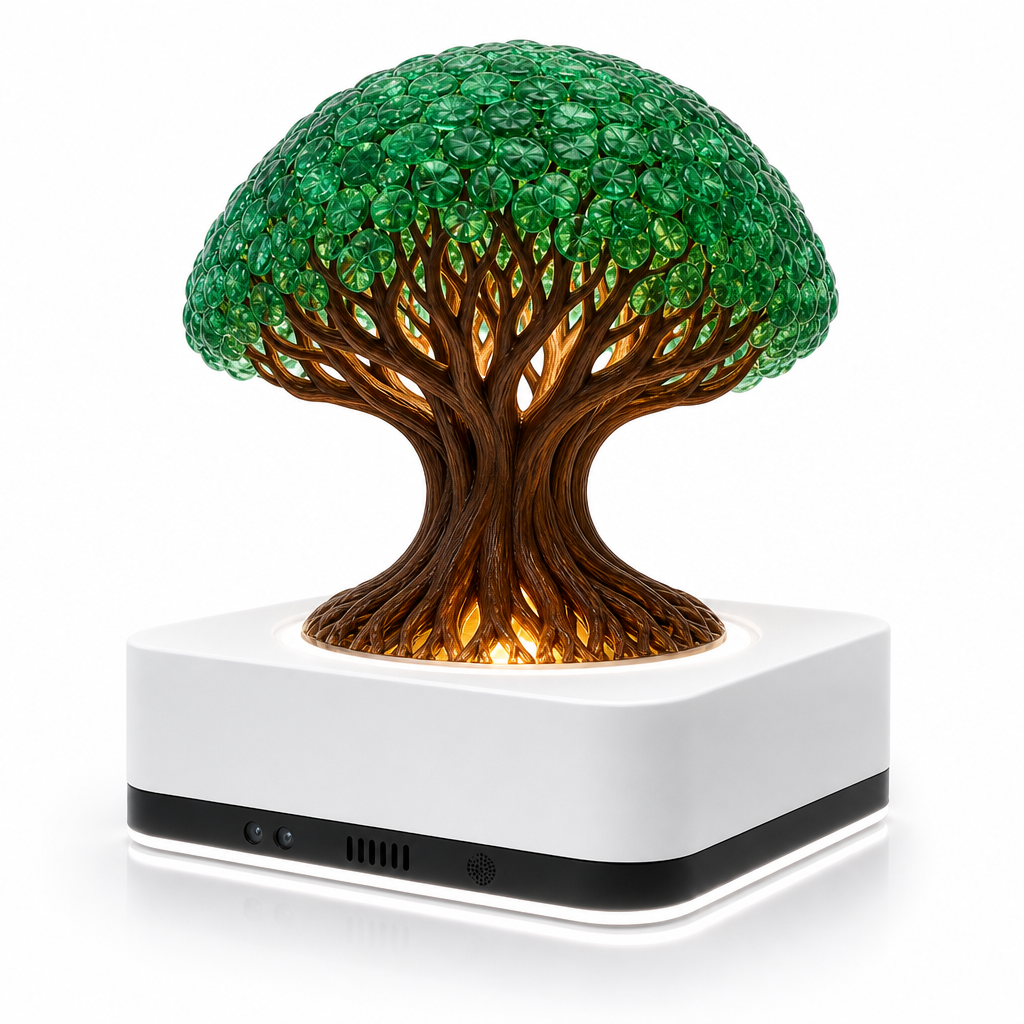Multi-material tree โ solid brown trunk and branches intertwined with translucent glowing leaves