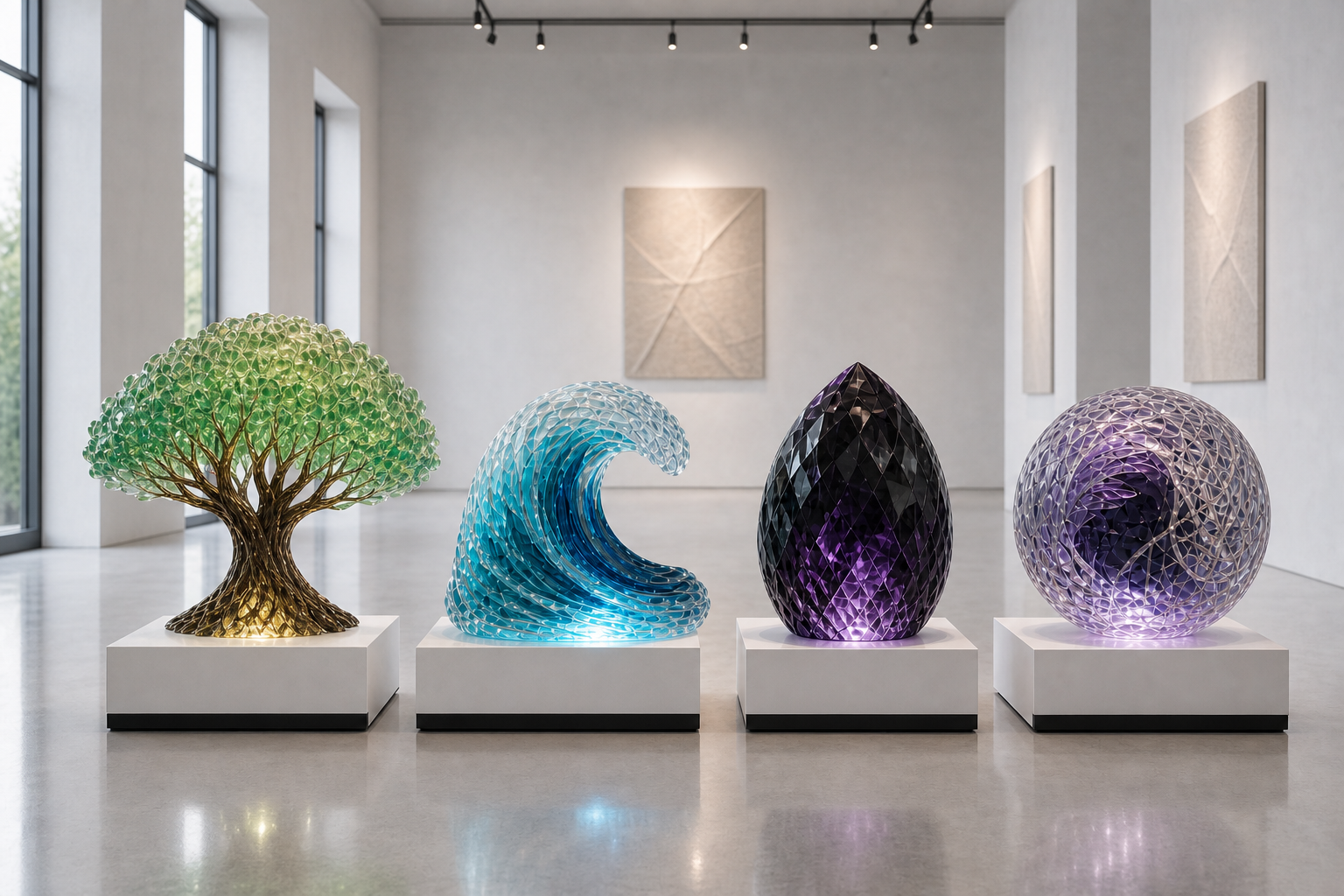 Limited-run multi-material art on square bases โ tree, wave, dark crystal, sphere
